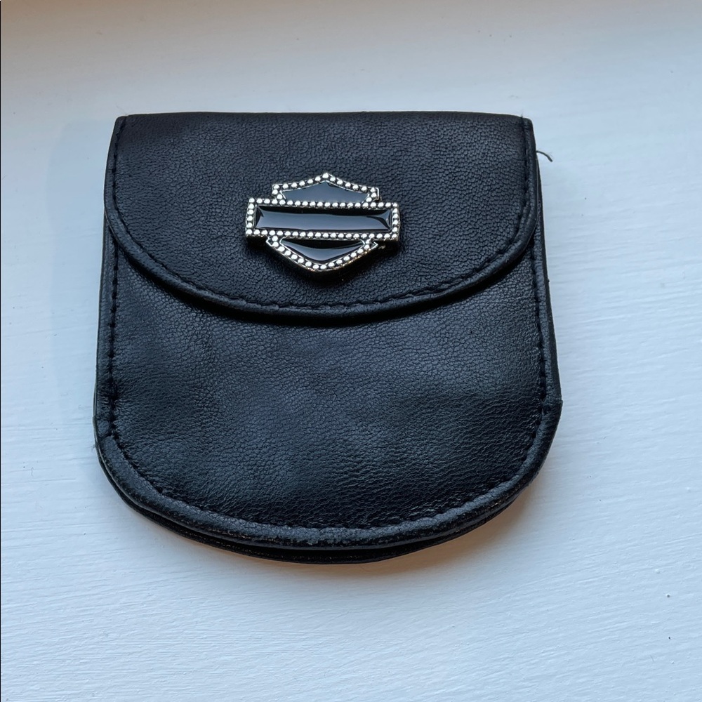 Black Leather Harley Davidson credit card coin wallCoin Pouch with Shield Emblem